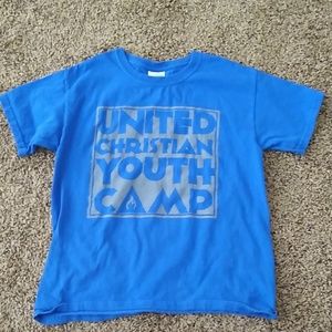 A blue graphic tee shirt